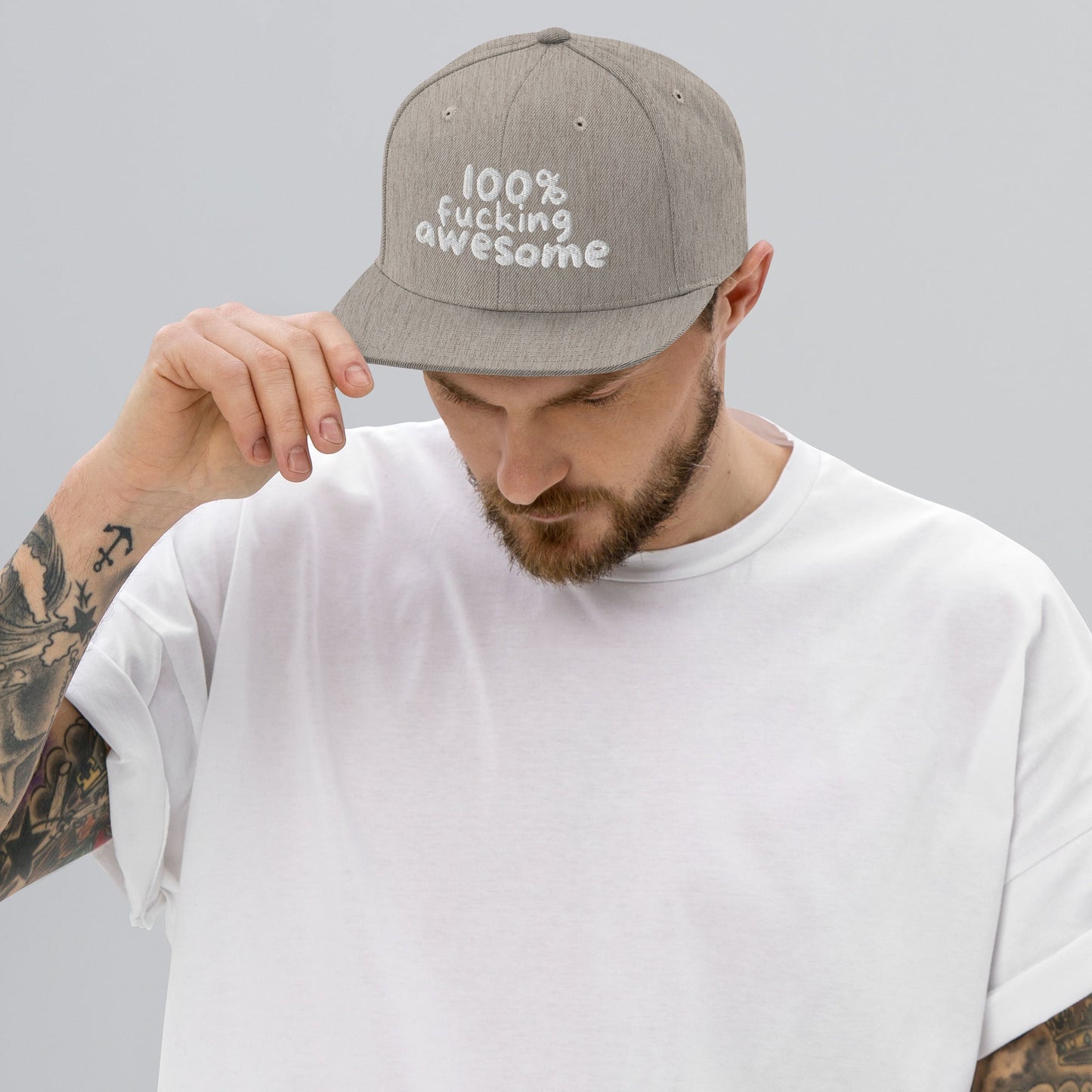100% Fucking Awesome - Snap Back Hat Heather Grey t-shirt from Raelfly