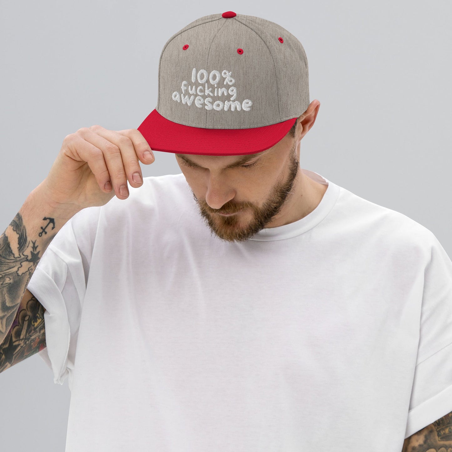 100% Fucking Awesome - Snap Back Hat Heather Grey/ Red t-shirt from Raelfly