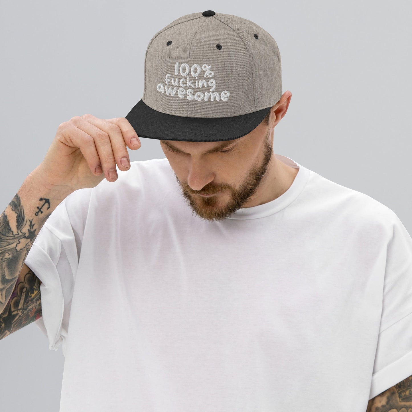 100% Fucking Awesome - Snap Back Hat Heather/Black t-shirt from Raelfly